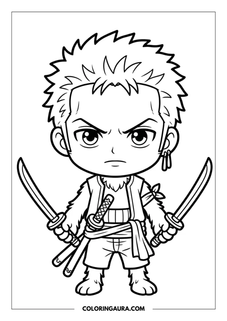 Line art coloring page showing a fierce but cute chibi Zoro with short spiked hair and a fur vest, wielding two katanas with a third at his waist.