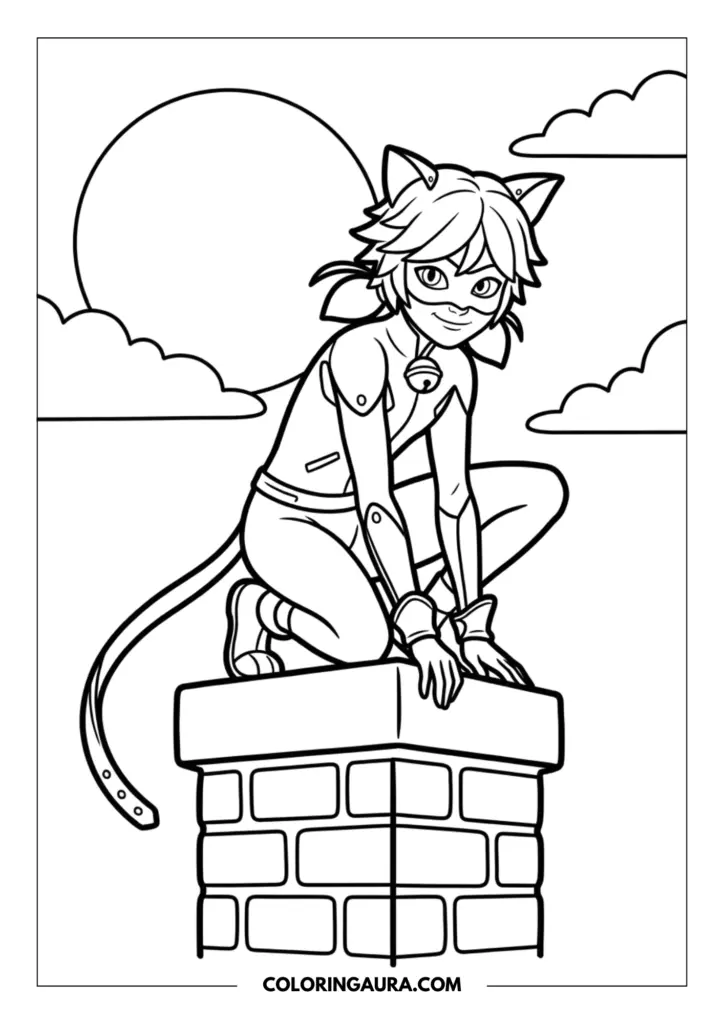 Line art coloring page showing Cat Noir in a superhero pose on top of a brick chimney, featuring a large glowing sun and wispy clouds in the sky.