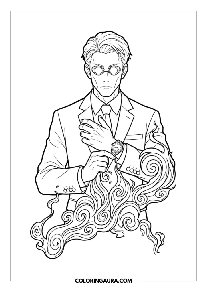 Line art coloring page showing Kento Nanami in a professional suit and signature goggles, checking his wristwatch while surrounded by flowing cursed energy spirals.