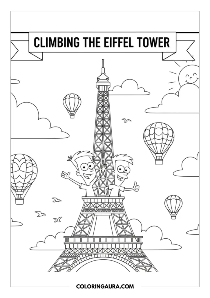 Line art coloring page showing two cheerful brothers waving happily from the observation deck of the Eiffel Tower, surrounded by dreamy floating hot air balloons, fluffy clouds, and a smiling sun in a clean cartoon style.