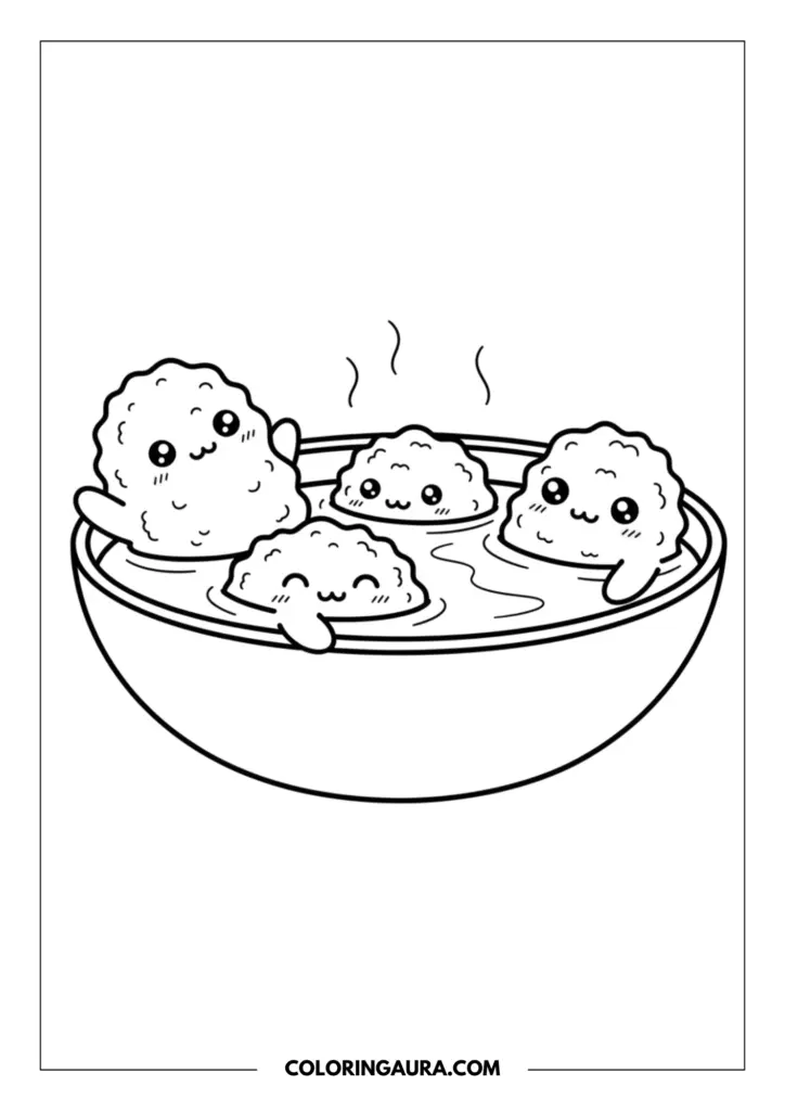 Line art coloring page showing three cute kawaii chicken nuggets relaxing inside a little bowl of dipping sauce like a warm bath. The nuggets have sweet smiling faces, tiny arms resting on the edge of the bowl, and big sparkling eyes, with gentle steam lines rising above them. Clean black and white outlines, perfect for coloring.
