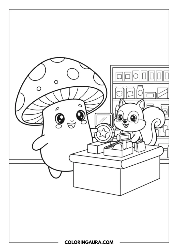 Outline of a cute mushroom character with big sparkle eyes standing at a checkout counter, proudly handing a large star-embossed coin to a friendly squirrel cashier in a cozy little store.