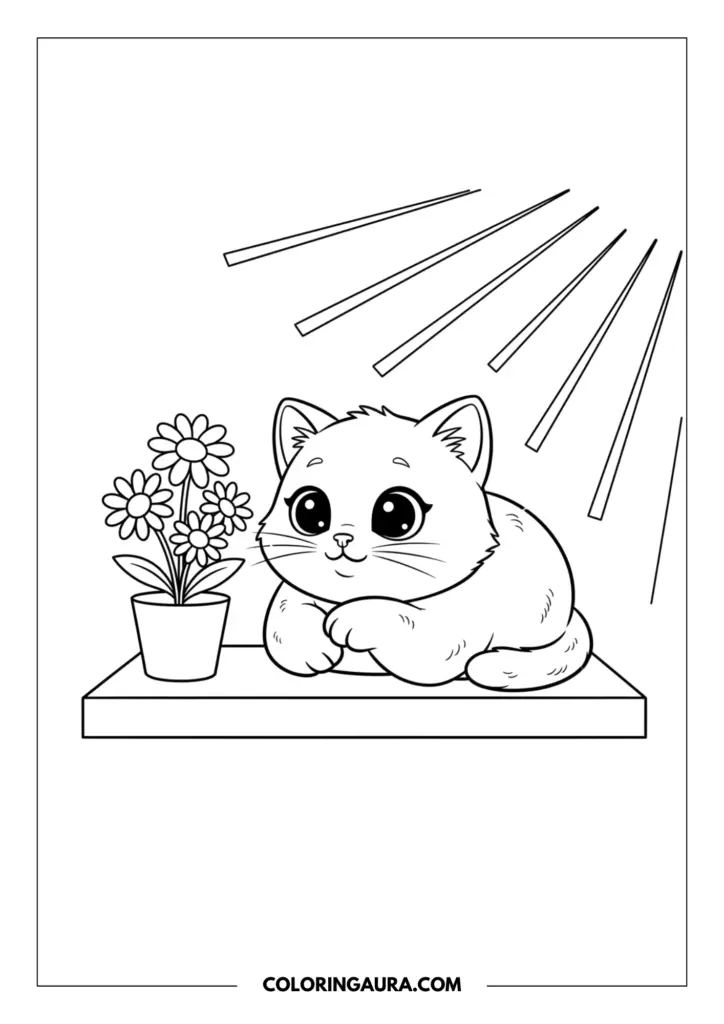 Line art coloring page showing an adorable little kitten resting next to a blooming potted flower. Warm sun rays shine down from above in this simple, clean, and bold outline drawing.