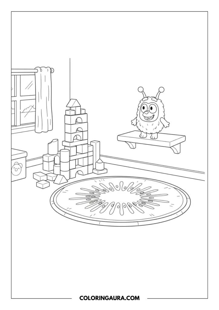 Line art coloring page showing a cozy playroom featuring a round kiwi fruit rug, a tall tower made of wooden building blocks, and the funny Chattermax toy resting on a shelf near the window. The clean, unshaded lines invite your creative spirit to bring this magical space to life.