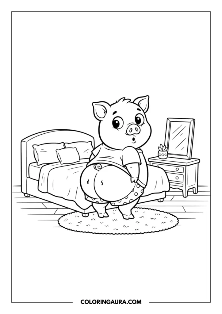 Line art coloring page showing a cUTE pig standing in a cozy bedroom, looking over its shoulder with a shocked expression as it discovers its large, round bottom. The surprised pig is wearing a t-shirt and polka-dot underwear with its little curly tail poking out. The dreamy room features a comfortable bed, a textured round rug, and a nightstand with a small plant and mirror.