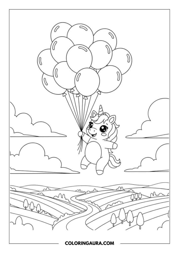 Outline of a sweet baby unicorn with big sparkly eyes joyfully floating up into the sky while holding a large bunch of round balloons. Far below, a peaceful rolling landscape with winding paths and little trees is drawn in crisp, clean black-and-white lines.