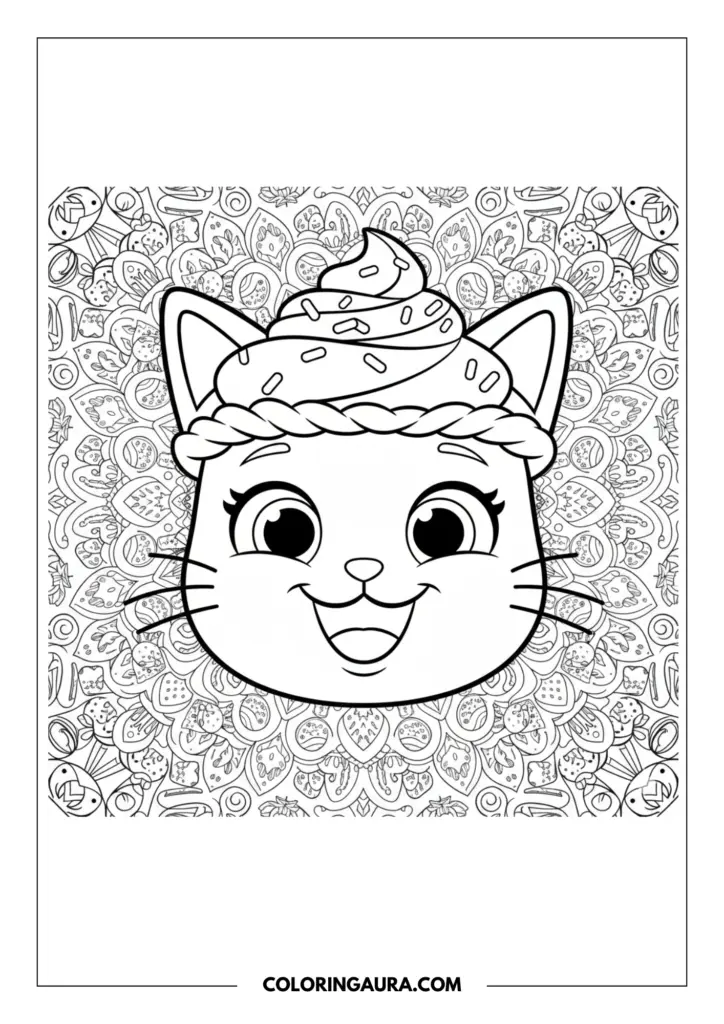 Line art coloring page showing a close-up, joyful portrait of Cakey Cat from Gabby's Dollhouse. His smiling face is beautifully framed by an intricate, repeating mandala-style background filled with swirling patterns, sweet treats, and delicate details perfect for mindful relaxation.