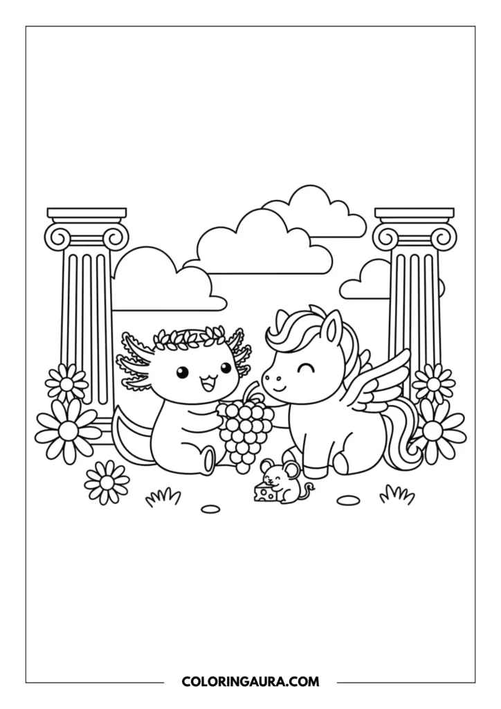 Line art coloring page showing a cute axolotl wearing a delicate flower crown, happily sharing a giant bunch of grapes with a sweet baby pegasus. A tiny mouse sits in the grass below, nibbling on a piece of cheese. The background features tall ancient Greek stone columns, large blooming daisies, and big fluffy clouds. Clean, thick outlines in a simple kawaii style.