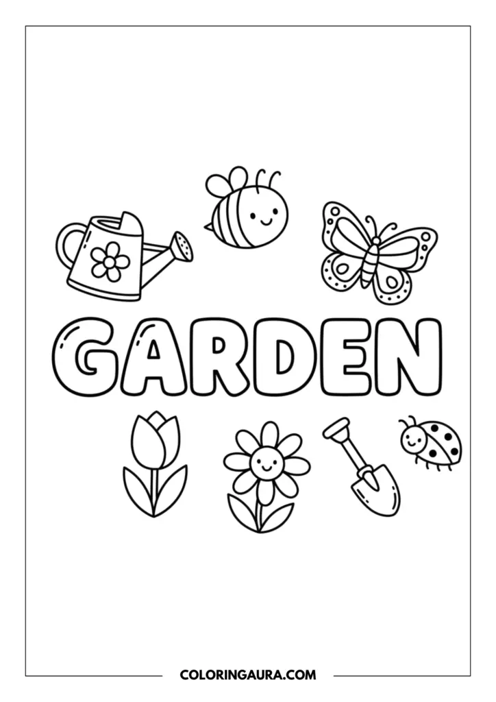 Line art coloring page showing a charming garden doodle collage. The word "GARDEN" is centered in chunky bubble letters, surrounded by simple outlines of a flower-patterned watering can, a smiling bee, a pretty butterfly, a beautiful tulip, a happy daisy, a small shovel, and a cute ladybug.
