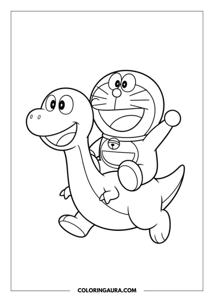 Outline of Doraemon riding cheerfully on the back of a friendly, smiling baby dinosaur. He has his arm raised high in a happy wave, ready for a wondrous adventure. Crisp, clean black-and-white lines, no shading, perfect for kids.