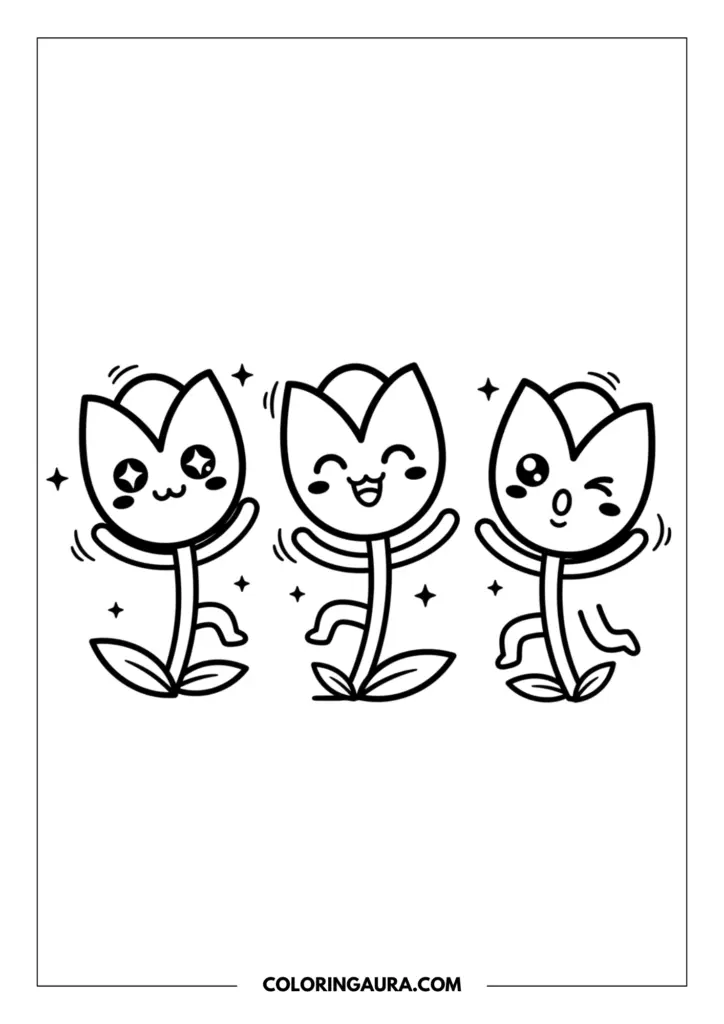 utline of three cheerful kawaii tulips side-by-side, each with a unique happy facial expression and little arms raised in a dance, adorned with sparkles.