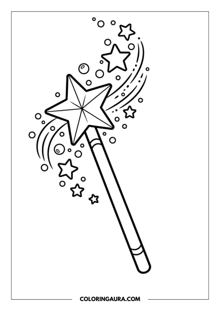 Line art coloring page showing a magic wand with a large star at the tip, releasing a trail of smaller stars, bubbles, and swirling magical dust.