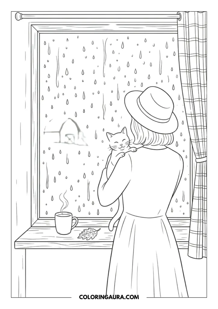 Line art coloring page showing a girl from behind wearing a hat and holding a sweet cat while looking out a rainy window with a steaming mug and an autumn leaf on the sill.