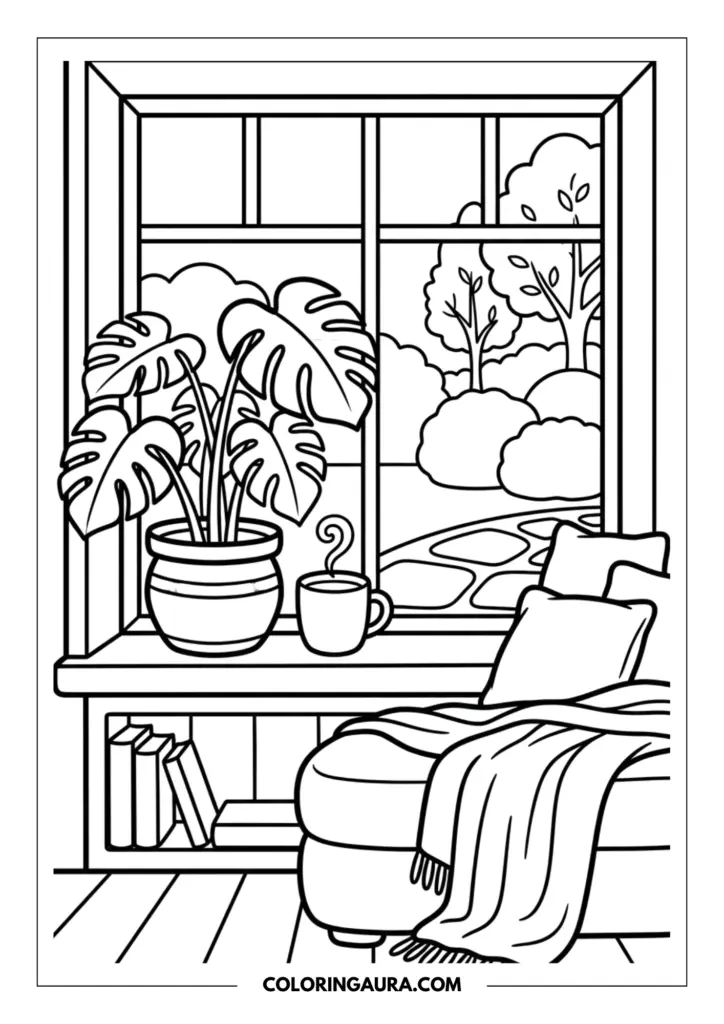 Line art coloring page showing a cozy window nook with a large potted monstera plant, a steaming coffee mug on the sill, and a comfy seat with a soft blanket.