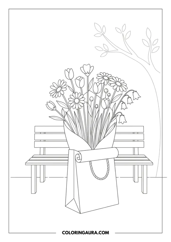 Line art coloring page showing a large bouquet of daisies, tulips, and bellflowers wrapped in a paper bag, resting on the ground in front of a wooden park bench with a simple tree branch overhead.