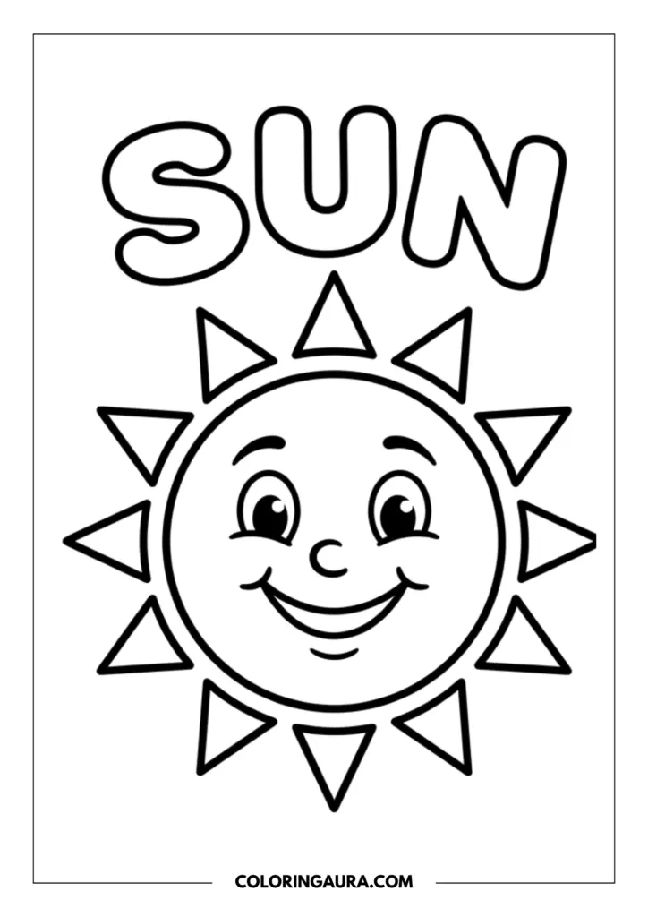 Line art coloring page showing a happy sun with a big, cheerful smile and triangular rays of light, with the word SUN in bold bubble letters at the top.