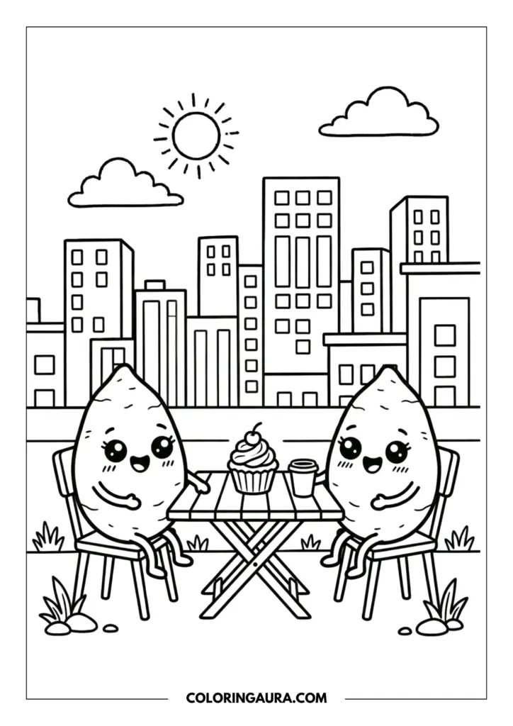 Line art coloring page showing two cute sweet potatoes with big sparkly kawaii eyes, sitting at an outdoor cafe table with a cupcake and a drink. A city skyline, sun, and clouds are in the background.