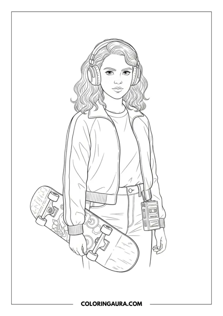 Line art coloring page showing Max Mayfield from Stranger Things wearing vintage over-ear headphones and a retro track jacket. She is casually holding a skateboard under her right arm with a classic cassette walkman clipped to her jeans, drawn in crisp, black and white lines.