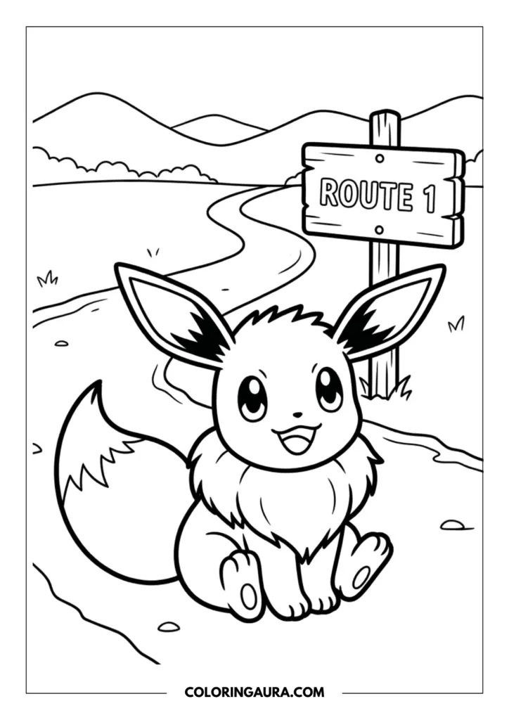 Line art coloring page showing a happy Eevee sitting on a path next to a wooden signpost for Route 1 with rolling hills and mountains in the distance.