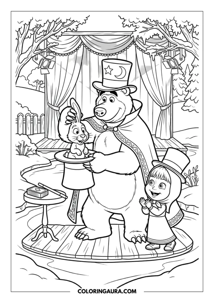 Line art coloring page showing the Bear dressed as a magician in a cape and star-patterned top hat, pulling a rabbit out of a hat. Masha stands next to him, clapping in delight.