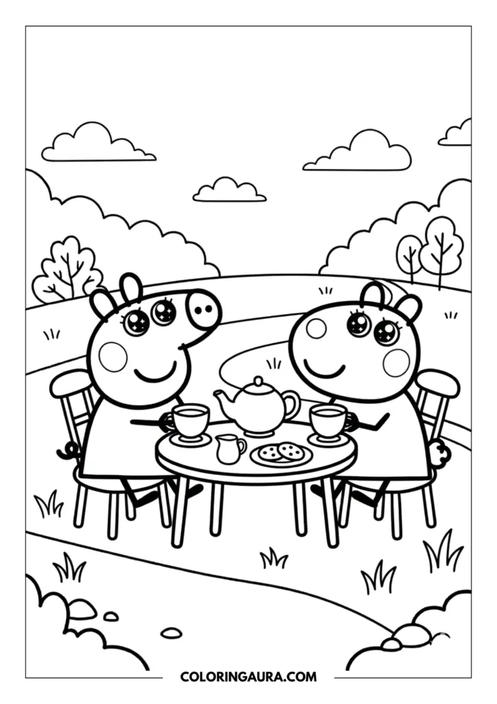 Outline of Peppa Pig and Suzy Sheep with shimmering eyes sitting at a table having tea and cookies in a peaceful meadow with trees and clouds.