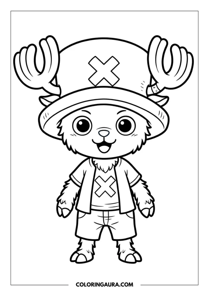 Line art coloring page showing a cute chibi Tony Tony Chopper wearing his iconic large hat with a cross, a simple vest, and shorts.