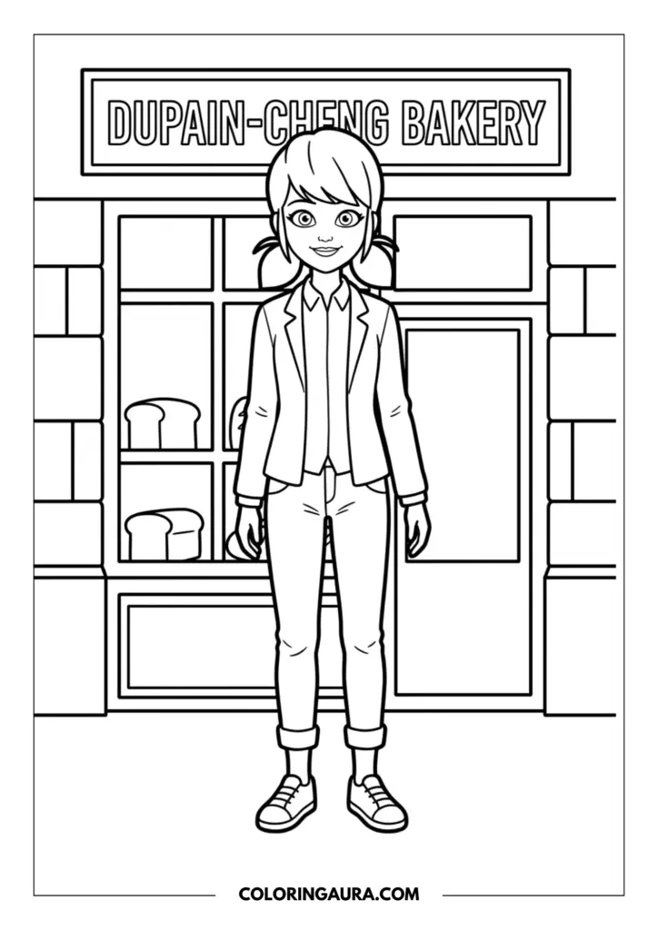 Line art coloring page showing Marinette standing proudly in front of the Dupain-Cheng Bakery, with loaves of bread visible through the window and the shop sign above.