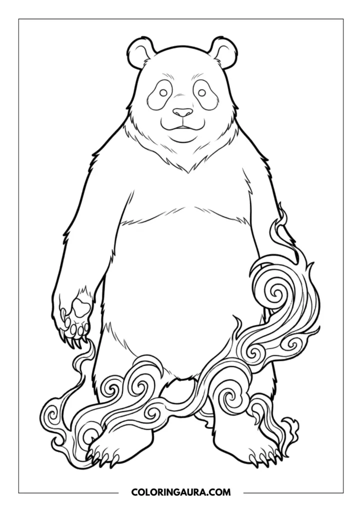 Outline of Panda from Jujutsu Kaisen standing tall with a gentle expression and swirling cursed energy flowing around his paws and legs.