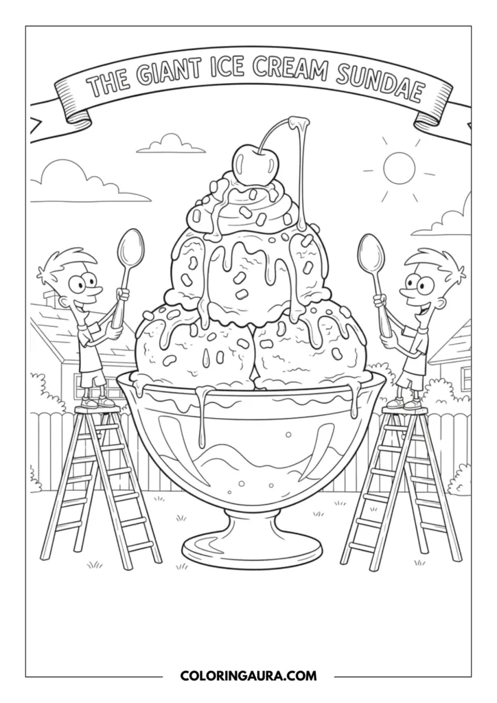 Line art coloring page showing two cheerful brothers standing on wooden stepladders, holding large spoons ready to eat a gigantic, dripping ice cream sundae topped with a giant cherry in their sunny backyard.
