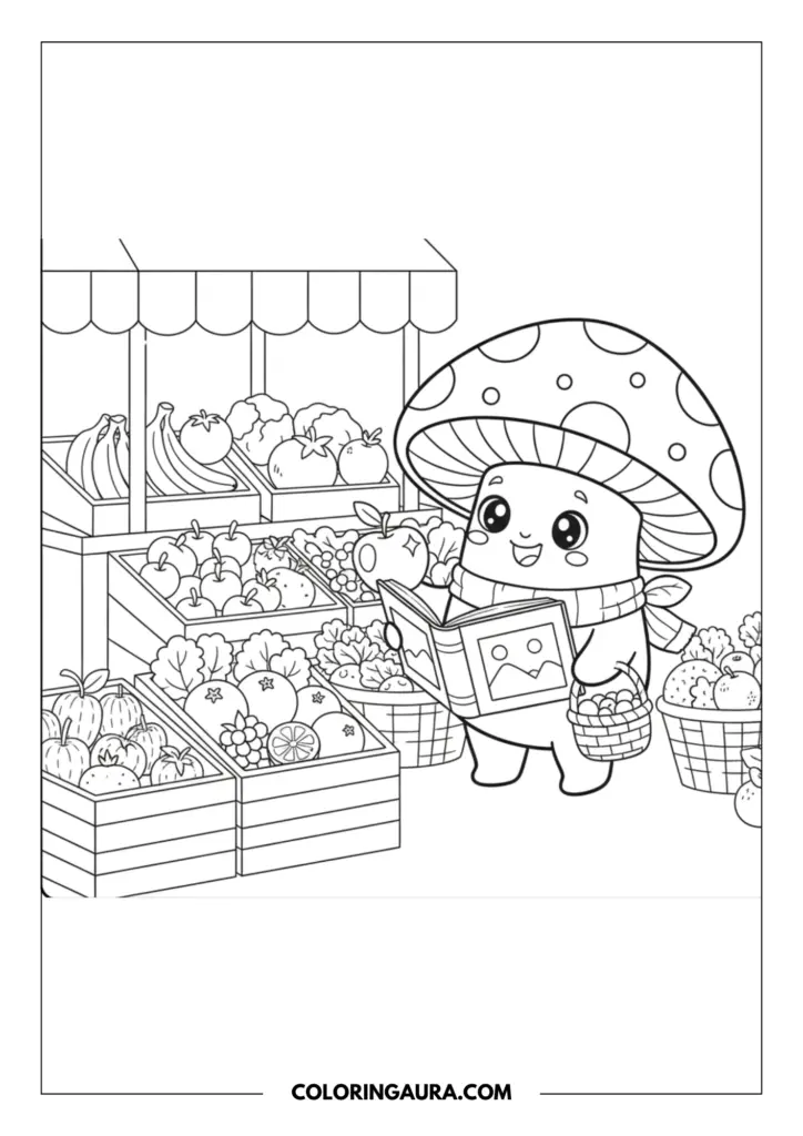 Line art coloring page showing a cute mushroom character with big sparkle eyes wearing a cozy scarf, looking at a picture book and holding a small woven basket at a bustling farmer's market filled with fresh fruits and vegetables.