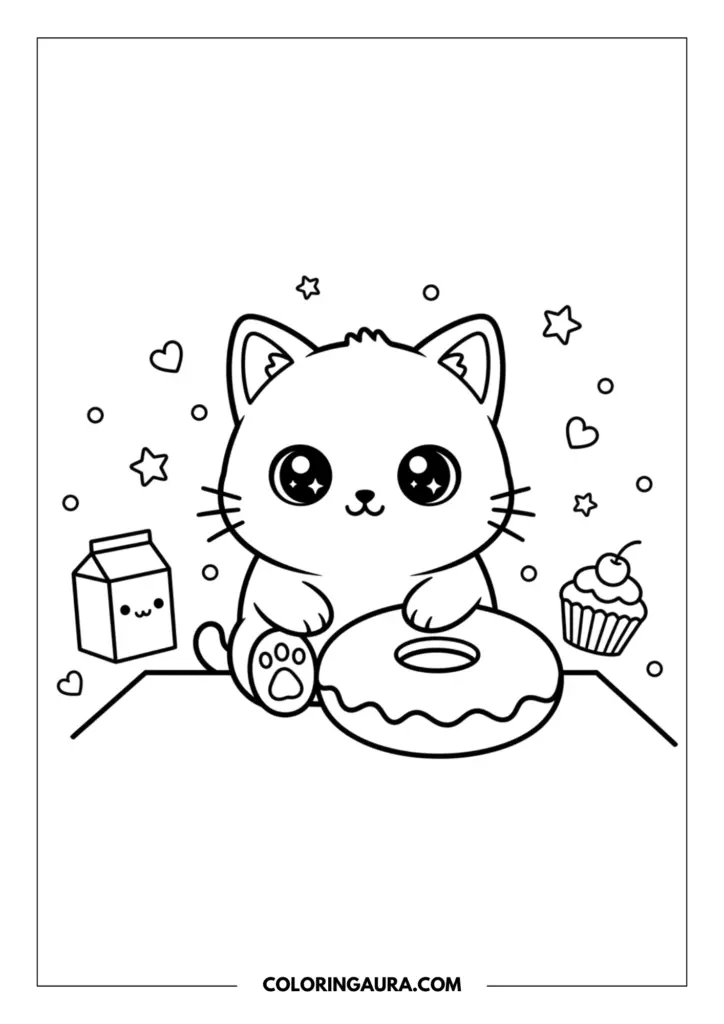 Outline of a sweet kitten holding a giant donut, surrounded by magical floating stars, hearts, a cute milk carton, and a cupcake. The style features thick black lines for easy coloring.