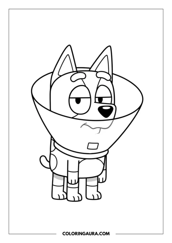 Outline of cousin Muffin wearing a large veterinary cone of shame around her neck, looking a little sleepy and grumpy. This clear, unshaded black-and-white drawing perfectly captures a humorous family moment, waiting patiently for your warm and colorful touch.