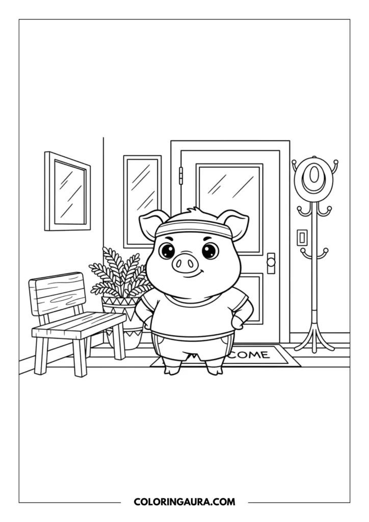 Line art coloring page showing a determined cartoon pig standing by a front door, dressed in a sporty t-shirt, shorts, and a sweatband. The confident character is ready for a workout, surrounded by a welcome mat, a wooden bench with a potted plant, and a coat rack.