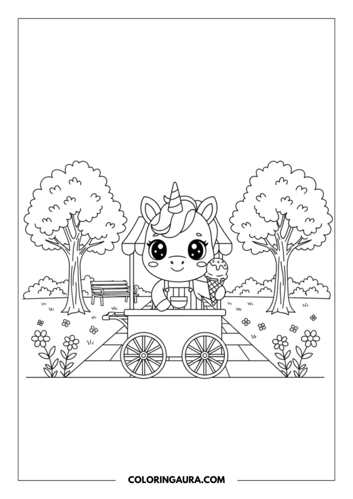 Line art coloring page showing a very cute baby unicorn with big sparkly eyes standing at a sweet ice cream cart holding a cone. The charming park background features trees, a wooden bench, and beautiful blooming flowers in a clean outline style.