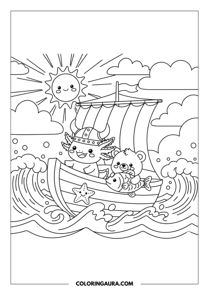 Line art coloring page showing a cute viking axolotl wearing a horned helmet, happily sailing a chunky wooden boat with a large striped sail. An adorable baby bear sits inside the boat holding a giant fish, while a friendly starfish clings to the wooden hull. The scene is surrounded by bubbly ocean waves, puffy clouds, and a bright, smiling sun. Clean, thick outlines in a simple kawaii style.
