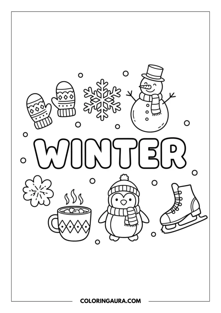 Line art coloring page showing a cozy winter doodle collage. The word "WINTER" is centered in thick bubble letters, surrounded by cute outlines of patterned mittens, a lovely snowflake, a cheerful snowman in a top hat, a warm mug of hot cocoa, a sweet penguin in a winter beanie, and an ice skate.