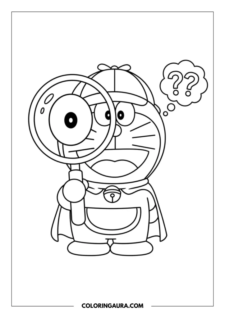 Line art coloring page showing Doraemon dressed as a curious detective wearing a cute cape and a deerstalker hat. He is looking playfully through a giant magnifying glass, with a whimsical thought bubble full of question marks floating above him. Thick, continuous vector lines.
