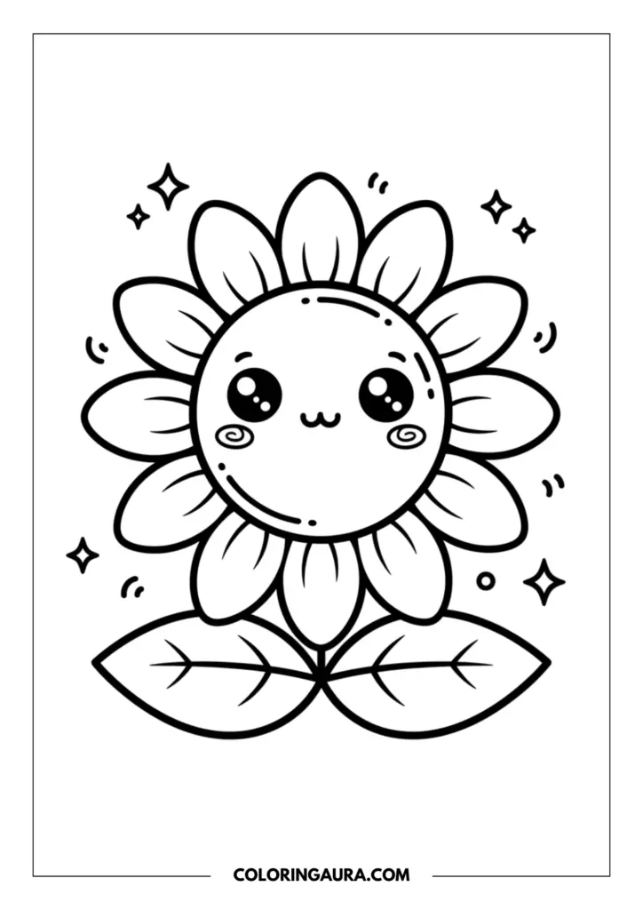 Line art coloring page showing a large, smiling kawaii sunflower with giant twinkling eyes and a sweet mouth, framed by two large leaves and magic sparkles.