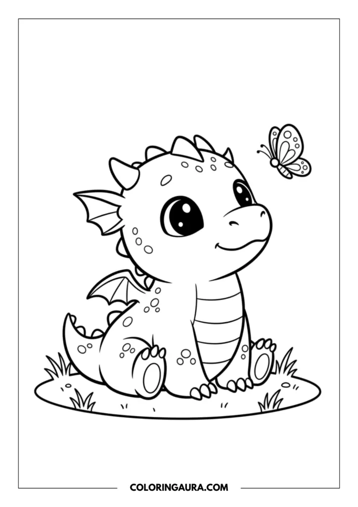 Outline of a curious baby dragon sitting on a small patch of grass, looking up with a smile at a tiny butterfly fluttering nearby.
