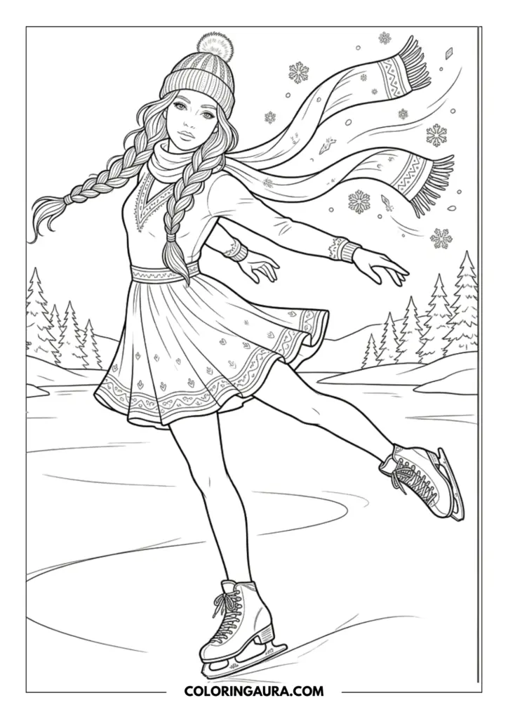 Outline of a graceful girl with long braids ice skating on a frozen pond wearing a knit beanie and a long flowing scarf in a snowy pine forest.