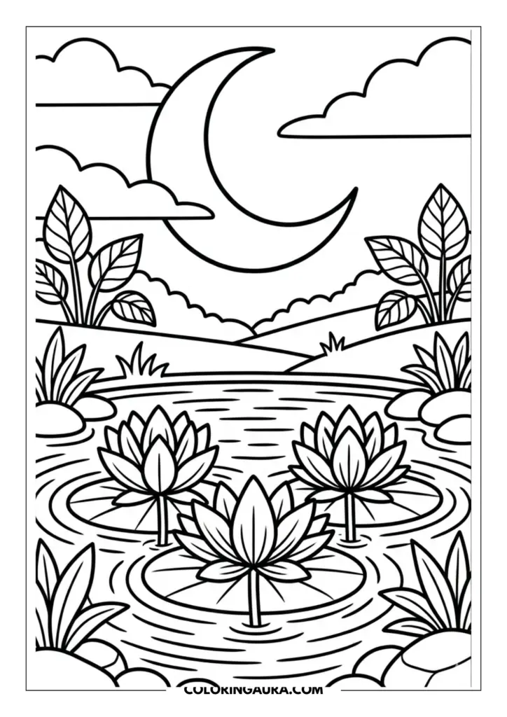 Outline of a serene pond with three large water lilies floating under a massive crescent moon and soft clouds in a dreamy night landscape.