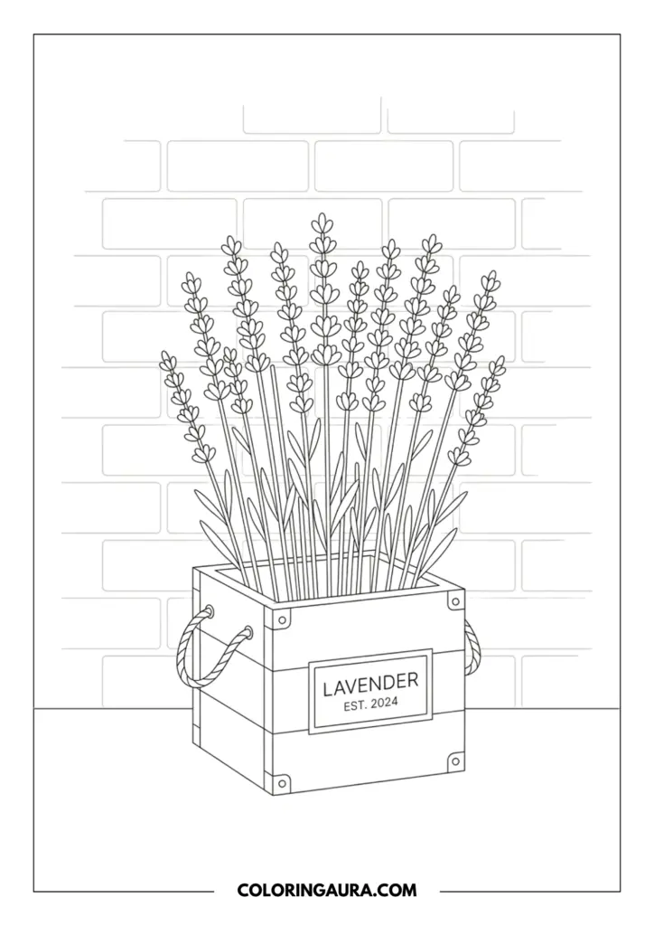 Outline of tall, slender lavender sprigs growing in a rustic wooden crate with rope handles and a "Lavender" label, positioned against a simple brick wall background.