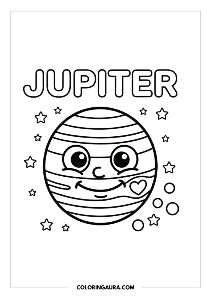 Outline of the planet Jupiter with a friendly face and a beautiful heart-shaped spot, surrounded by twinkling stars and the bold title JUPITER.