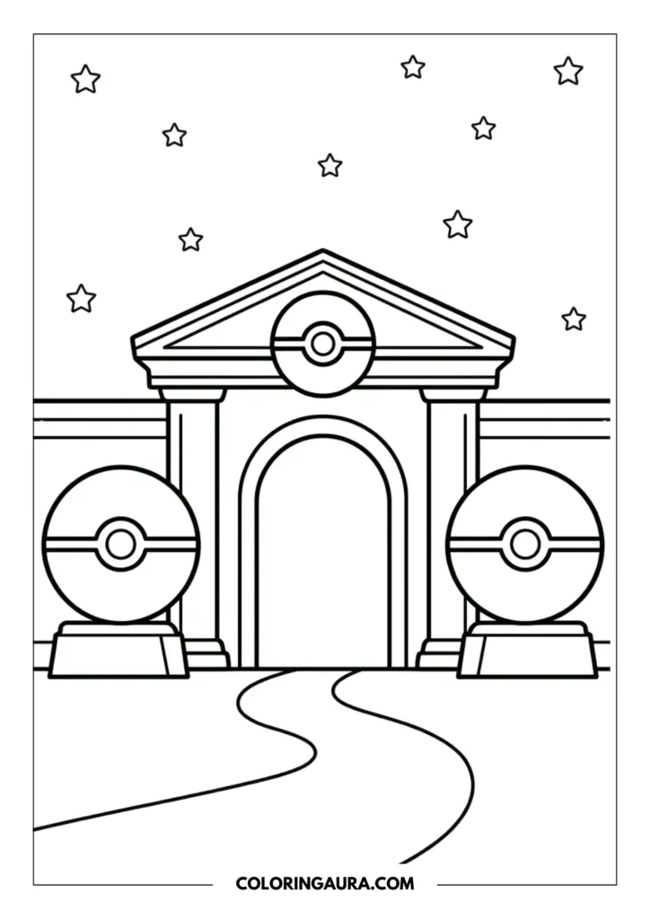 Line art coloring page showing the grand entrance to the Pokemon League with large Pokeball statues on pillars and a winding path leading to the archway under a starry sky.