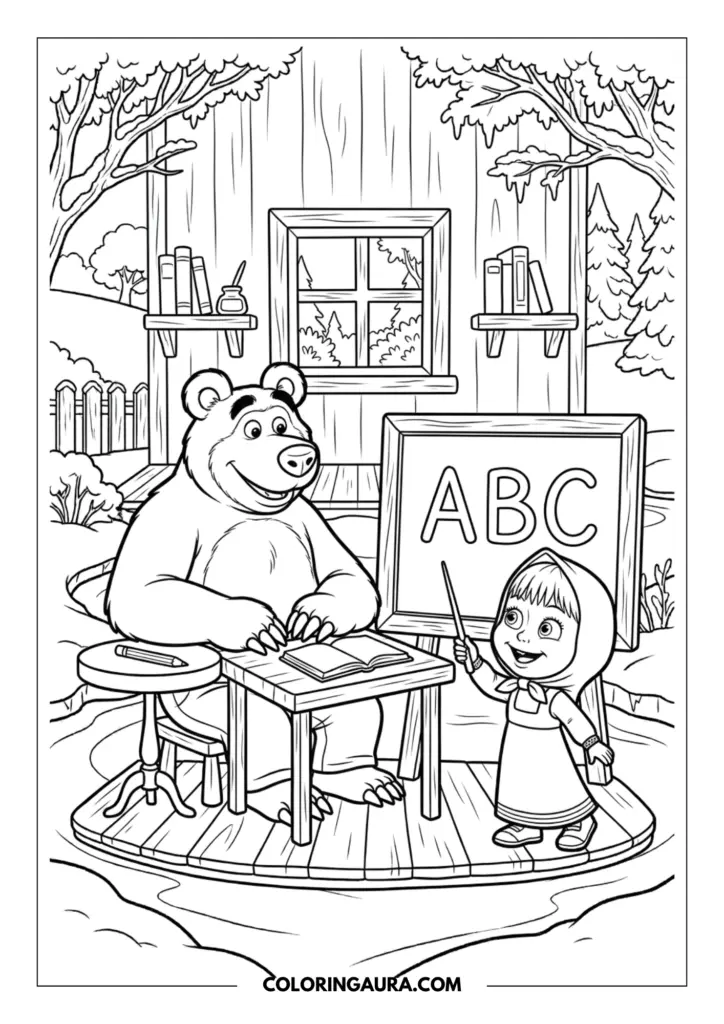 Outline of Masha acting as a teacher with a pointer and an ABC chalkboard. The Bear sits at a small wooden desk with an open book in a cozy outdoor forest setting.