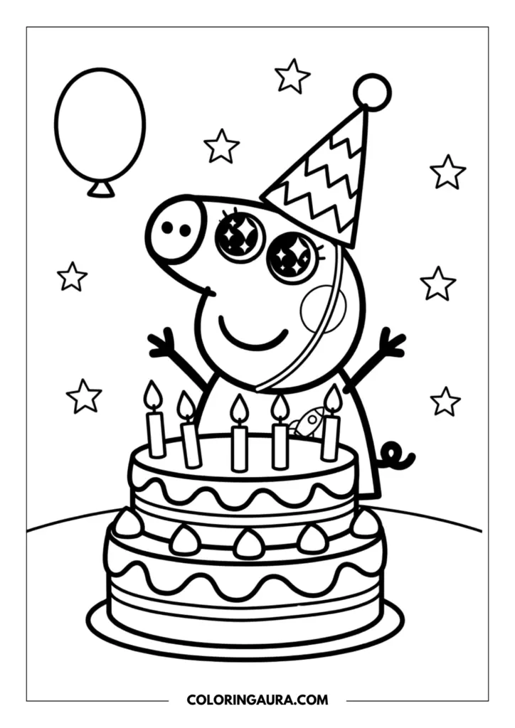 Line art coloring page showing Peppa Pig with big sparkle eyes wearing a striped party hat and standing behind a two-tier birthday cake with lit candles and stars.