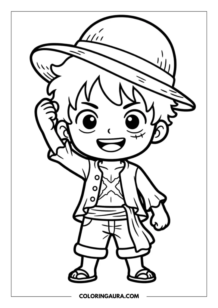Outline of a happy chibi Monkey D. Luffy wearing his straw hat and open vest, raising one fist in a courageous gesture.