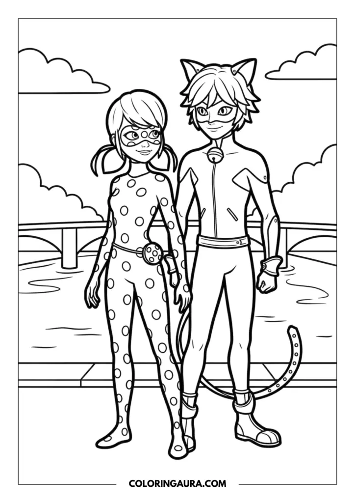 Line art coloring page showing Ladybug and Cat Noir standing together in front of a Parisian bridge and a flowing river under a cloudy sky.