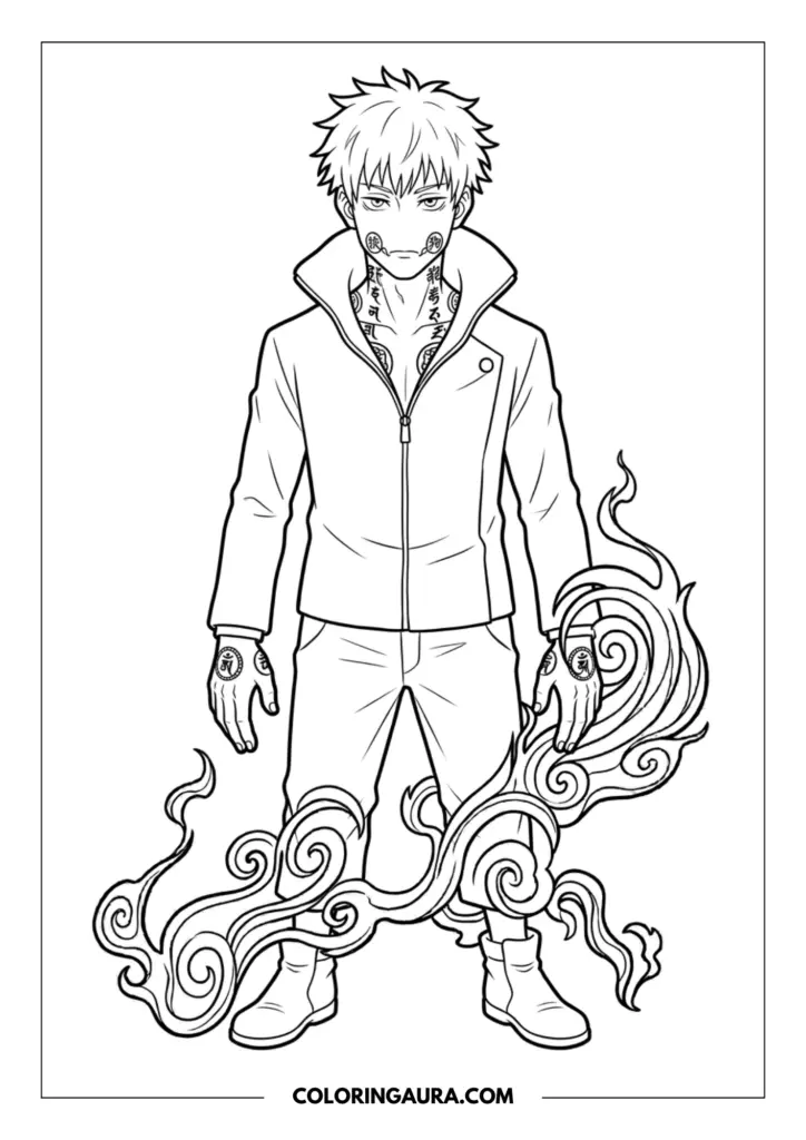 Line art coloring page showing Yuta Okkotsu in a dynamic martial arts stance, wearing his white sorcerer jacket with cursed energy flowing from his palms.