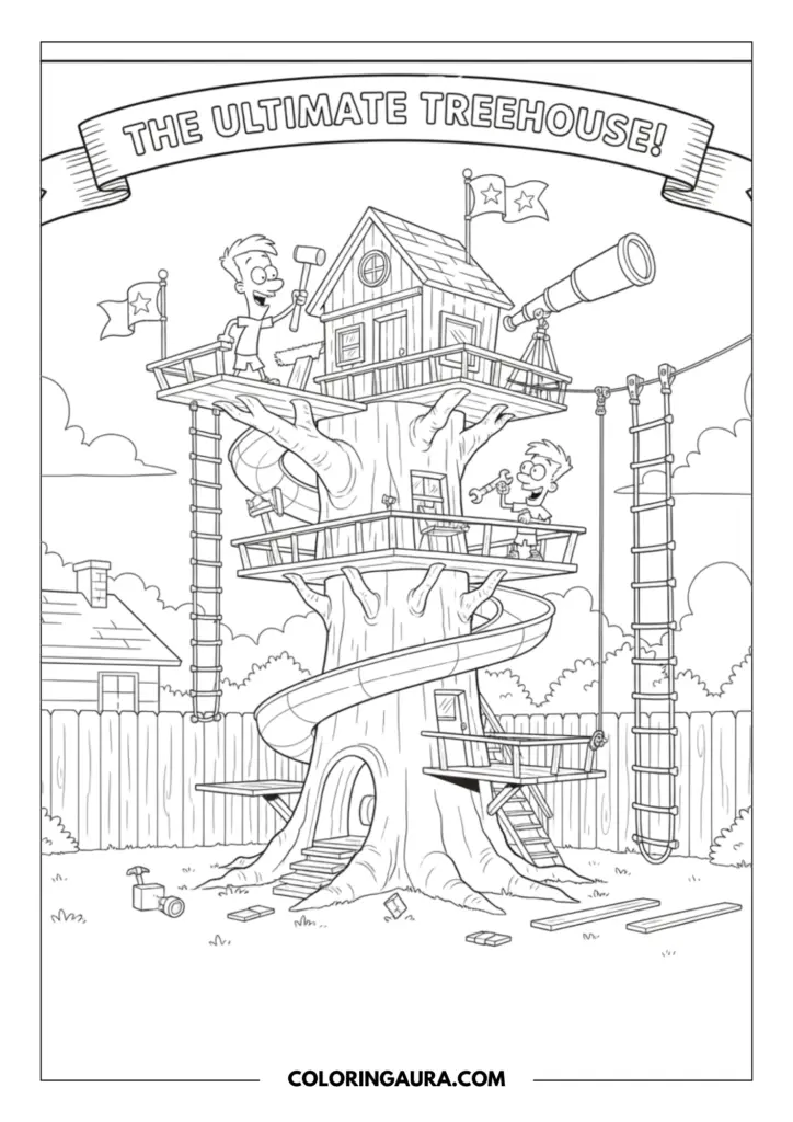 Outline of an incredible multi-level treehouse built by two creative brothers, featuring a spiral slide, rope ladders, a large telescope, and waving flags under a dreamy sky.